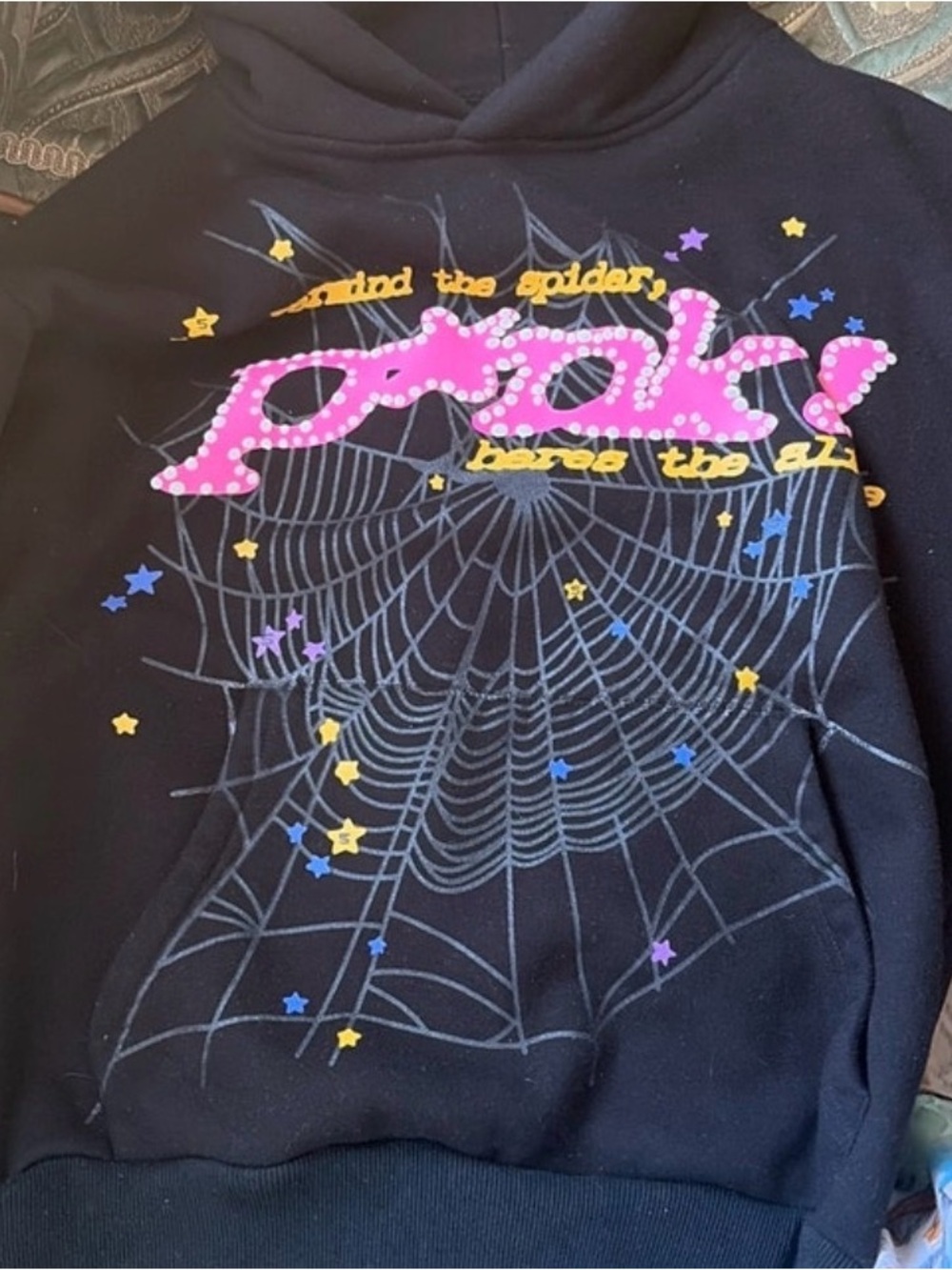 Black Hoodie with Pink Rhinestone 'Pink!' Script and Spiderweb Graphic
